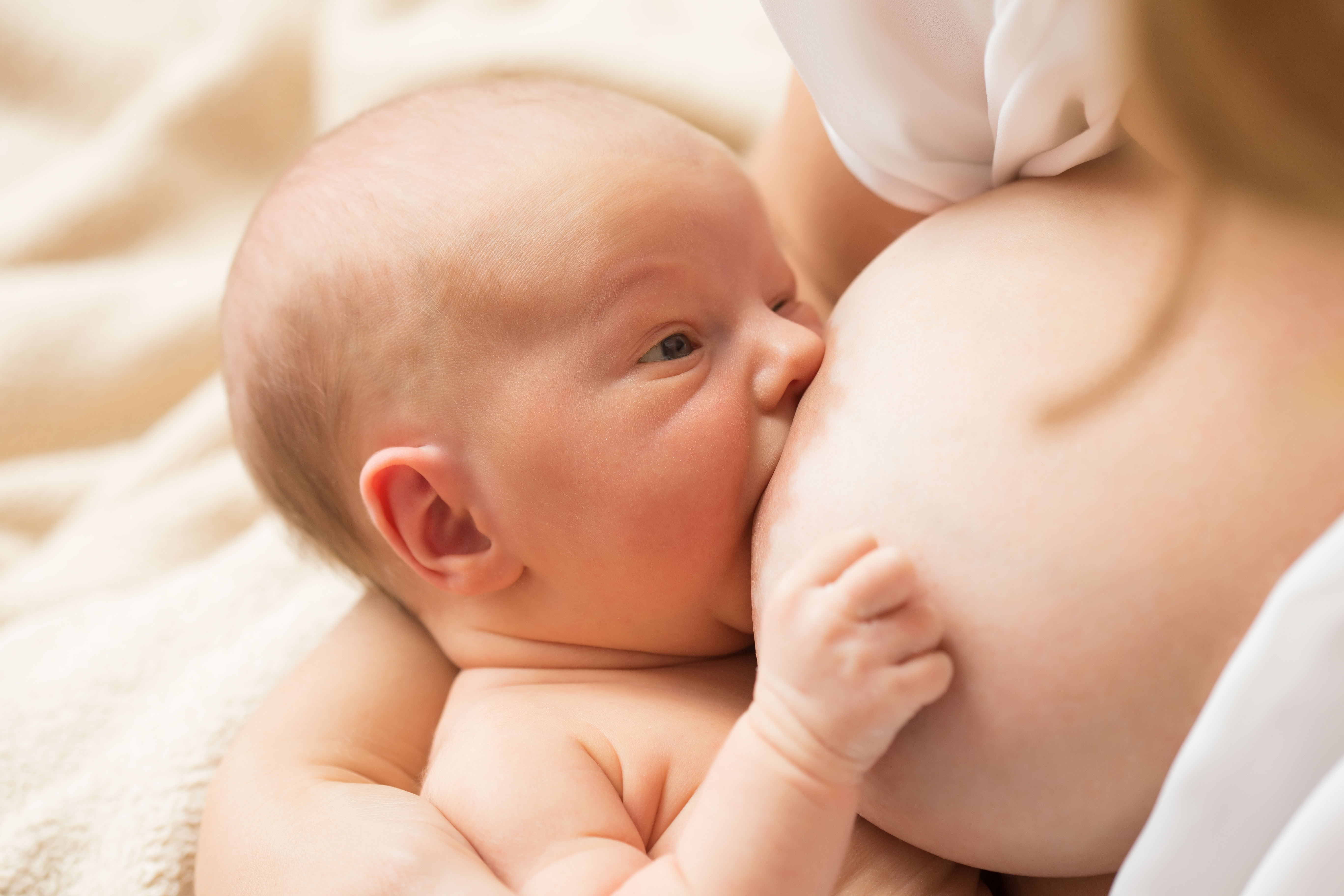 A mother breastfeeding her baby in soft natural light