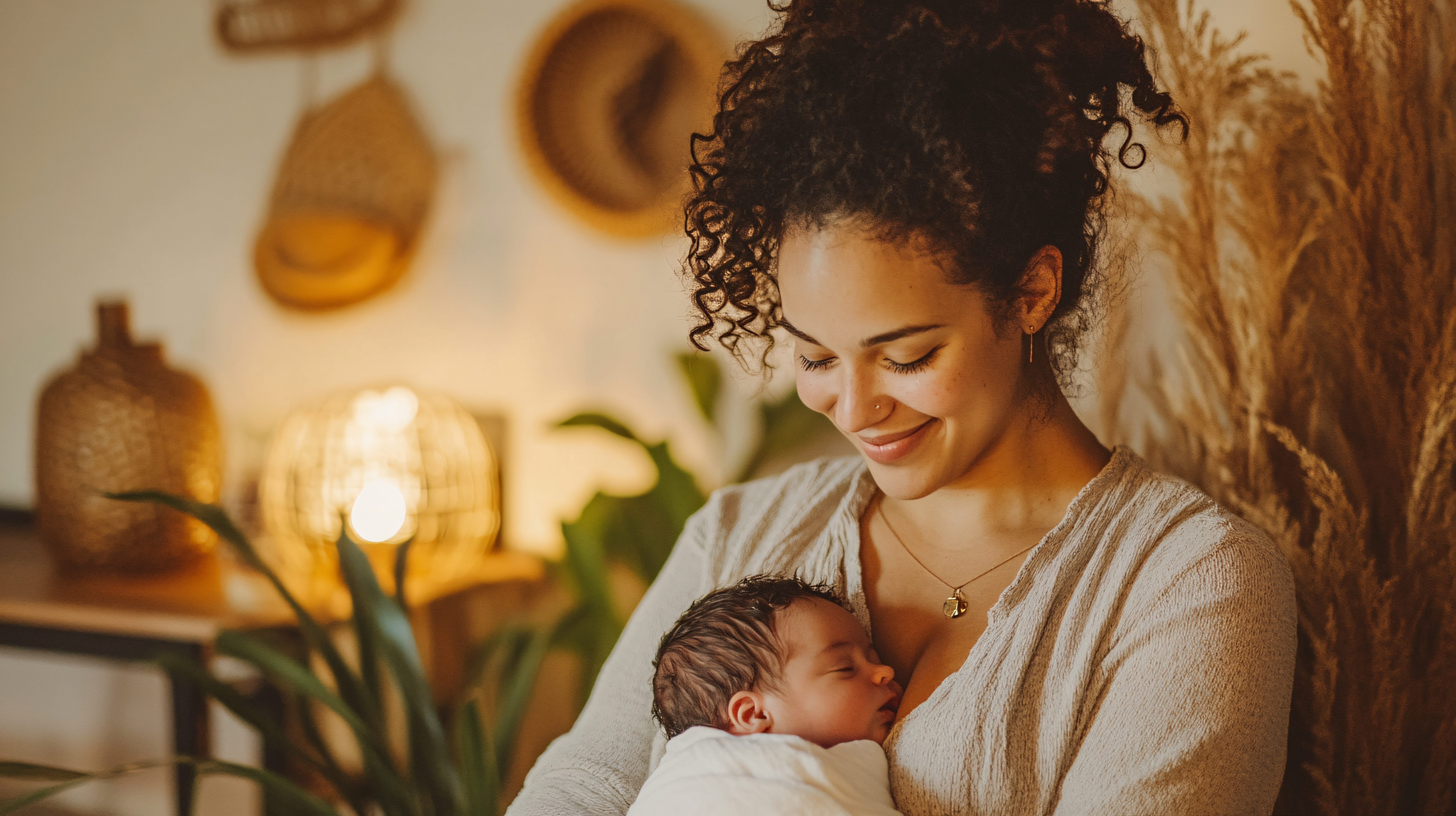 Doula holding a newborn in a softly lit room